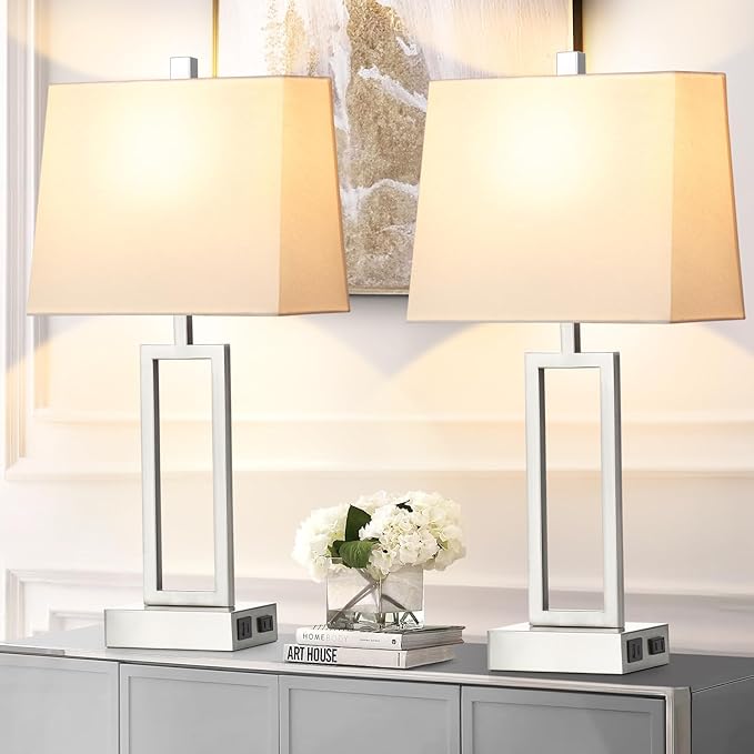 Touch Control Table Lamps for Living Room, 3-Way Dimmable Modern Table Lamp with USB A+C Charging Ports & AC Outlets, Bedside Contemporary Nightstand Desk Lamps with Fabric White Shade for Bedrooms
