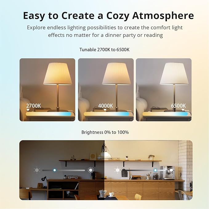 LED Smart Light Bulbs, Color Changing Light Bulb Work with Google Home, Alexa, Preset Scene, Music Sync, A60 E27 2.4GHz RGBTW WiFi Bluetooth 9W, 806LM