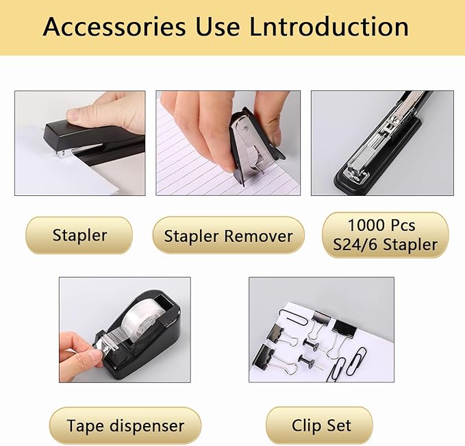 Office Supplies,Desk Accessories,Tape Holder,Stapler,Scissor,Staple Remover,Box of Binder Clips,Staples,Ballpoint Pen,Lndex Tabs,Clear Tape,Office Supplies Set(Black)