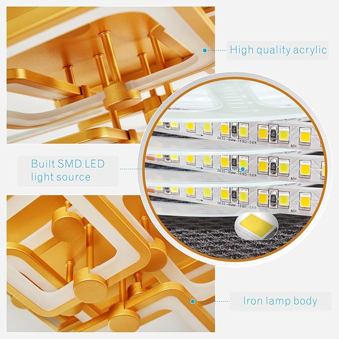 Modern LED Ceiling Light,8 Square Acrylic Gold Modern Lighting Fixture Ceiling Lights for Living Room,Flush Mount Lamp with Remote Ceiling Lamps for Kitchen Bedroom Dining Room