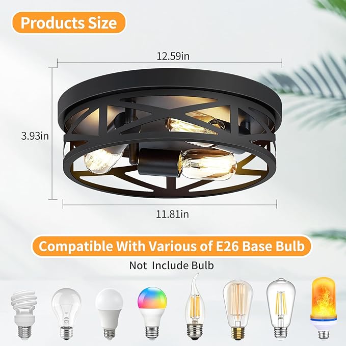 ZHU YAN 13 inch Farmhouse Ceiling Light Fixture,3-Light Hallway Light Fixtures Ceiling,Black Flush Mount Ceiling Light,Light Fixture Ceiling Mount for Kitchen Hallway Entryway,E26 Base（1 Pack）