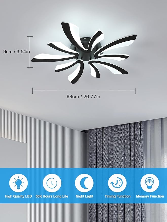 Goeco Modern Ceiling Light, 27.5'' Dimmable LED Black Acrylic V-Shaped Flush Mount Ceiling Lights, 3000K/4000K/6500K with Remote Control Ceiling Light Fixture for Living Room, Dining Room, Bedroom