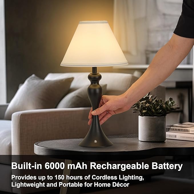 Rechargeable Cordless Table Lamps, Battery Operated Lamp with Fabric Shade for Decor, 3 Color Stepless Dimming LED Table Light, Nightstand Lamp for Nursery, Bedroom, Living Room, Home Office (Black)
