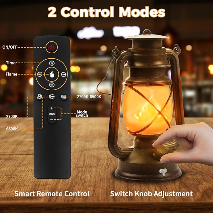 2 Pack Bronze Vintage 4 Modes LED Lanterns，Rechargeable Flickering Flame Lights Decorative Outdoor&Indoor, Remote Control Waterproof Hanging Lantern for Camping,Patio Garden Pathway