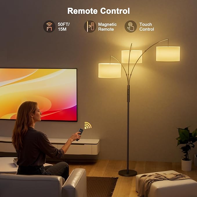 36W RGB Arc Floor Lamp with 3 White Fabric Shades, 3000LM Super Bright Standing Lamp with Remote Control & Touch, Stepless Dimming, Individual Light Control for Living Room, Bedroom
