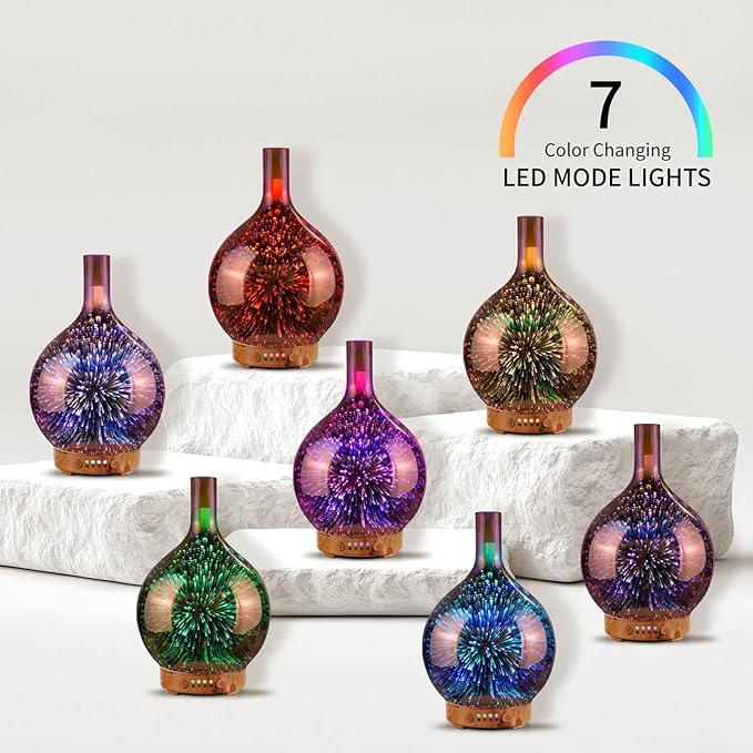 Porseme Essential Oil Diffuser 3D Glass Aromatherapy Ultrasonic Humidifier - 7 Color Changing LEDs, Waterless Auto-Off, Timer Setting, BPA Free 100ml Rose Gold Aladdin