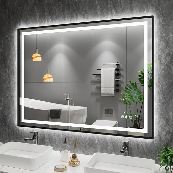 Amorho LED Bathroom Mirror, 48" X40" Front Light and Backlit, Black Frame, Stepless Dimmable, Anti-Fog, Shatter-Proof, Memory, 3 Colors, Double LED Vanity Mirror