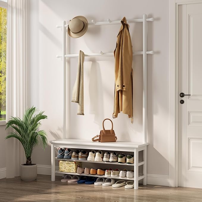 AQIMUELE Coat Rack with Shoe Storage, Wooden Hall Tree with Bench, 11 Hooks and 2-Tier Storage Shelves, 3-in-1, Entryway Bench with Coat Rack (39.3"-Deep White)