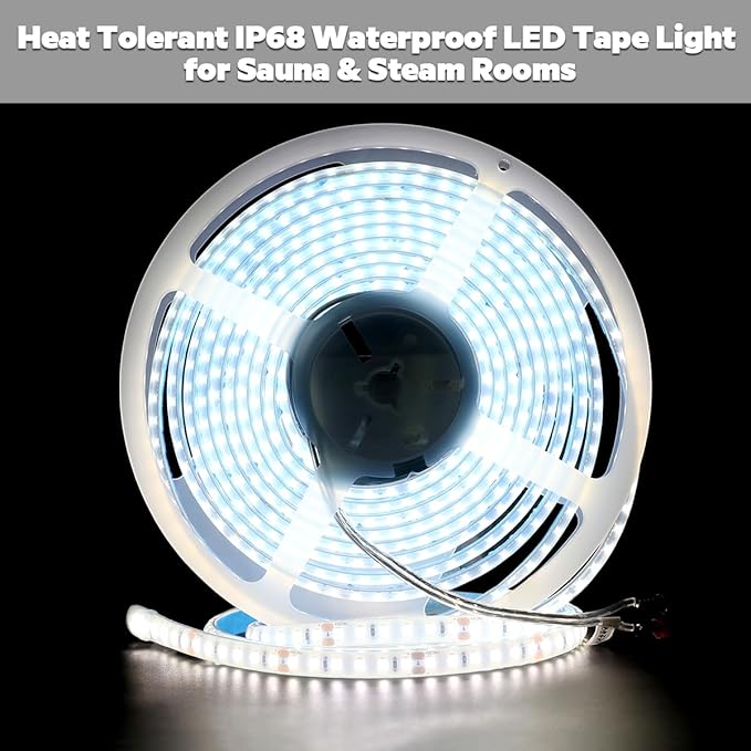 SuperlightingLED DC24V LED Tape 6000K Sauna Lights for inside Sauna, Flexible High Temperature Rated & IP68 LED Strip Light Water-submersible, 600 LEDs Bright & 5m 16.4ft Long (6000K Daylight White)