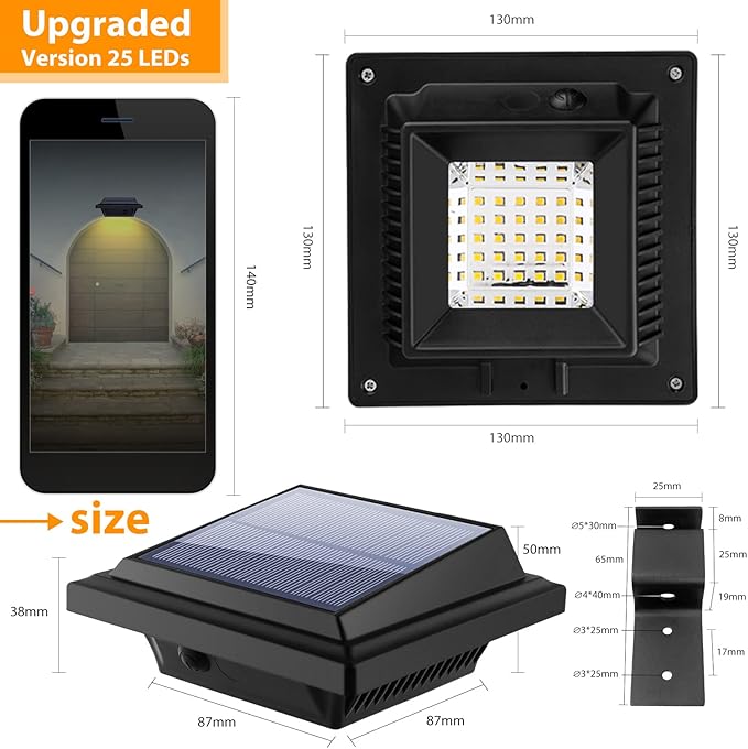 KEENZO Outdoor Solar Lights - Gutter Lights 6pcs, Solar-Powered LED Wall/Fence/Step/Deck Lights with 25 Warm White LED, Outdoor Waterproof Lighting for Garden, Patio, Backyard, Pathway and Eaves Wall
