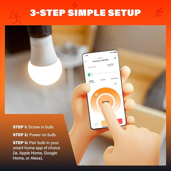 Caveman Matter & WiFi A19 Smart LED Light Bulb, RGBW Color Changing, Tunable Warm & Cool White 800LM (60W Equivalent) – Alexa, Google Home, Apple Home Bulb (2pk)