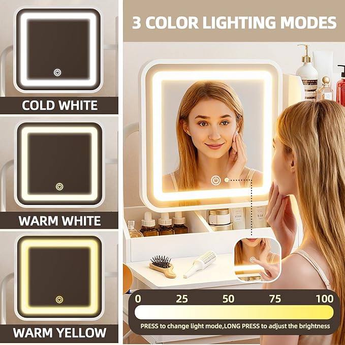 Compact Makeup Vanity for Girls with Mirror and Lights, White Vanities Desk with 2 Drawers and Charging Station, Modern LED Lighted Bedroom Dressing Table