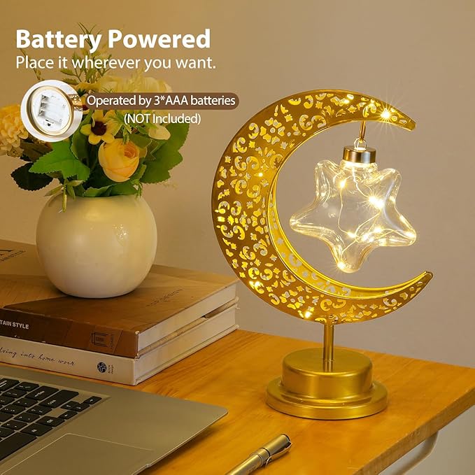 Lewondr Decorative Table Lamp, Battery Powered Ramadan Desk Lamp Decorations Crescent Table Light Lunar Star Moon Lantern for Bedside Nightstand Desktop Room Party, Eid Mubarak Decor, Warm Light