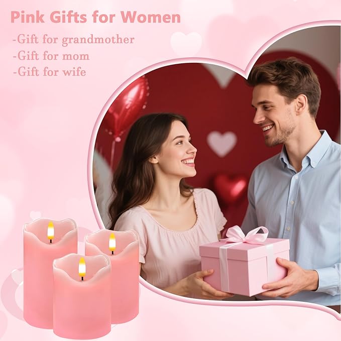 VEEKI Flameless Candles Light, Set of 3 Flickering LED Candle with Remote & Timer, Dimmable Electric Pillar Candles Battery Operated, Pink Candles for Valentine's Day Xmas Home Decor (3PC)