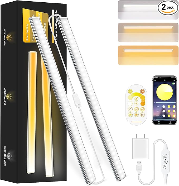 Daymeet Under Cabinet Lights, Bright Ultra Thin 12 Inch LED Cabinet Lighting Under Cabinet Light for Kitchen, 3 Color with Remote and APP Control, USB LED Lights for Closet, Home(2 Pack)