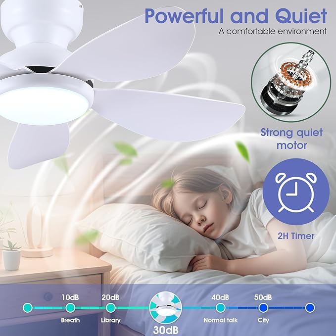 36 Inch Modern Ceiling Fans with Lights, Small Flush Mount Ceiling Fans, Remote/APP Control, 5 Reversible Curved Blades, 6 Speeds, 3 CCT Dimmable Lights for Kitchen Bedroom, White