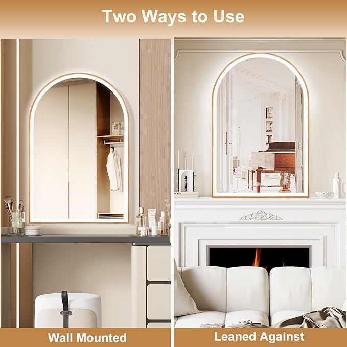 Arched LED Mirror for Bathroom 24"x36", Orange Gold LED Bathroom Mirror with Lights, Fogless, Dimmable, Shatterproof, Touch Sensor, 3 Color Changing