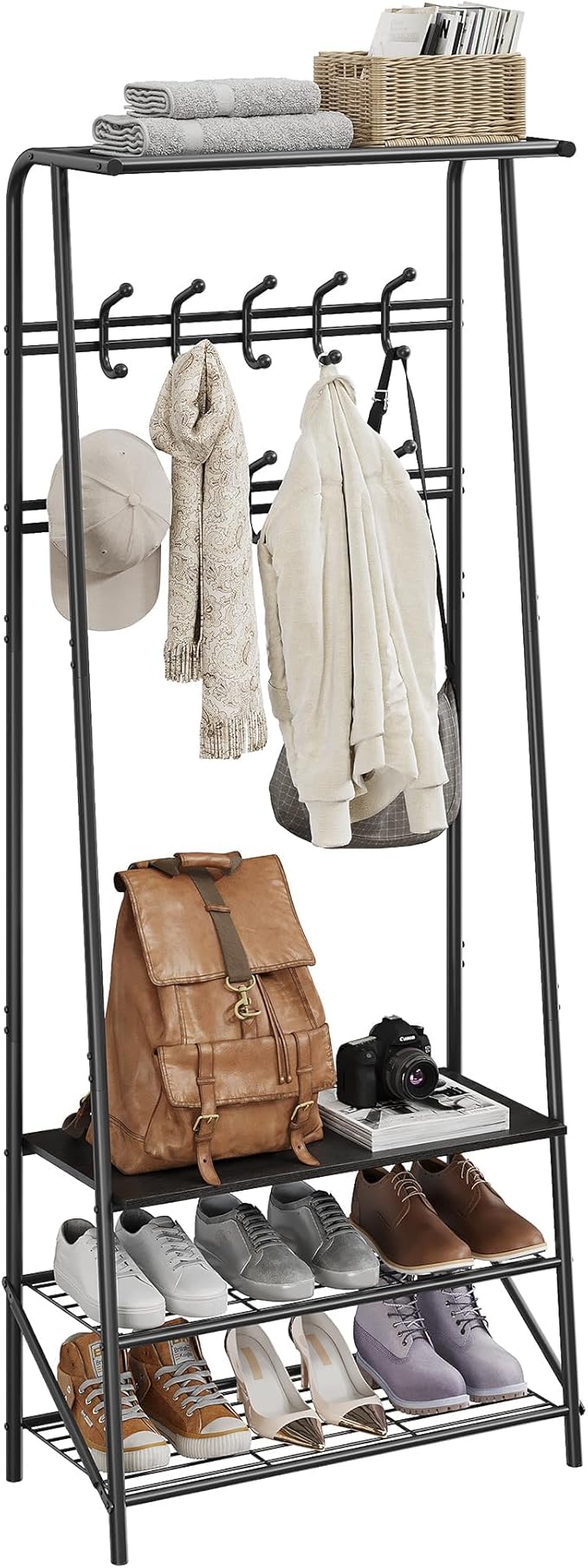 Jojoka 25" Coat Rack, Hall Tree with Shoe Bench and Storage, 4-Tier Shelf with 5 Hooks, Freestanding Metal Entryway Organizer for Hallway, Accent Furniture for Bathroom
