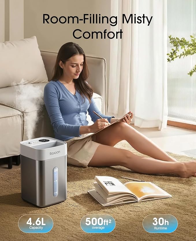 4.6L/1.2Gal Stainless Steel Humidifier for Bedroom, Top Fill Ultrasonic Cool Mist Humidifier Dishwasher Safe, Ultra-Low Noise, Sleep Mode, Humidifiers for Baby Nursery, Office & Indoor Plants