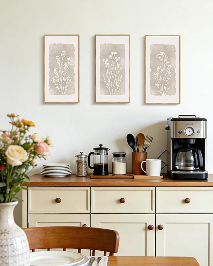 KUVIOKE Vintage Botanical Framed Wall Art White Floral Decor Print Modern Rustic Farmhouse Home Office Kitchen Hallway 8x16in3pcs Natural Framed