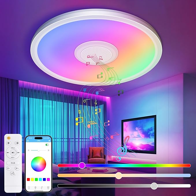 Zemty RGB Ceiling Light with Bluetooth Speaker, 24W 12Inch Smart Music Lights 3000K-6500K Dimmable with APP and Remote Control, Color Changing Led light Fixture Flush Mount for Bathroom Shower Bedroom