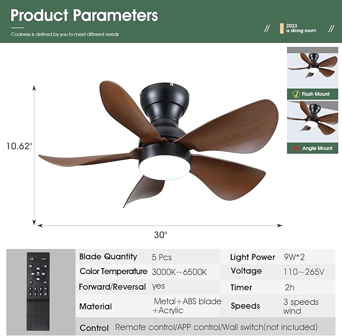 Ceiling Fans with Lights and Remote/APP Control, 30 inch Low Profile Ceiling Fans with 5 Reversible Blades 3 Colors Dimmable 6 Speeds Ceiling Fan for Bedroom Dining Room, Wood Color