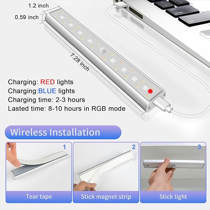 Under Cabinet Lighting,48LED RGB Rechargeable Under Cabinet Lights with Remote,Dimmable & 15 Color Temps,Magnetic Closet Light Bar,Wireless Under Counter Lights for Kitchen,Car,Shelf(5 Pack)