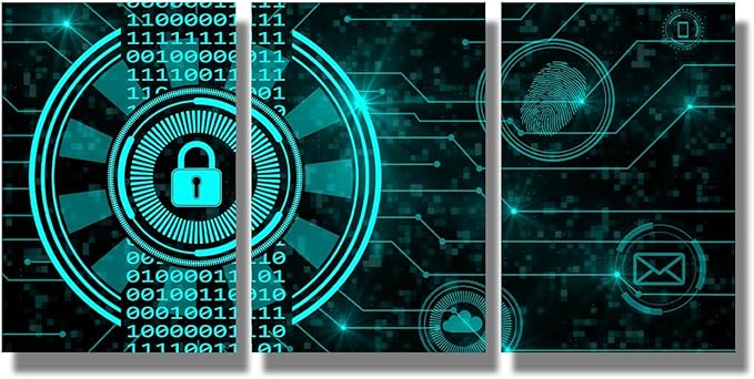 LSIUHWUWI 3 Panel Wall Art Secure Technology Concept Padlock Binary Code Hud Pictures Posters for Living Room Decorations, Connecting Lines Fingerprint Cloud Mail Artwork Ready to Hang, 16x24inchx3