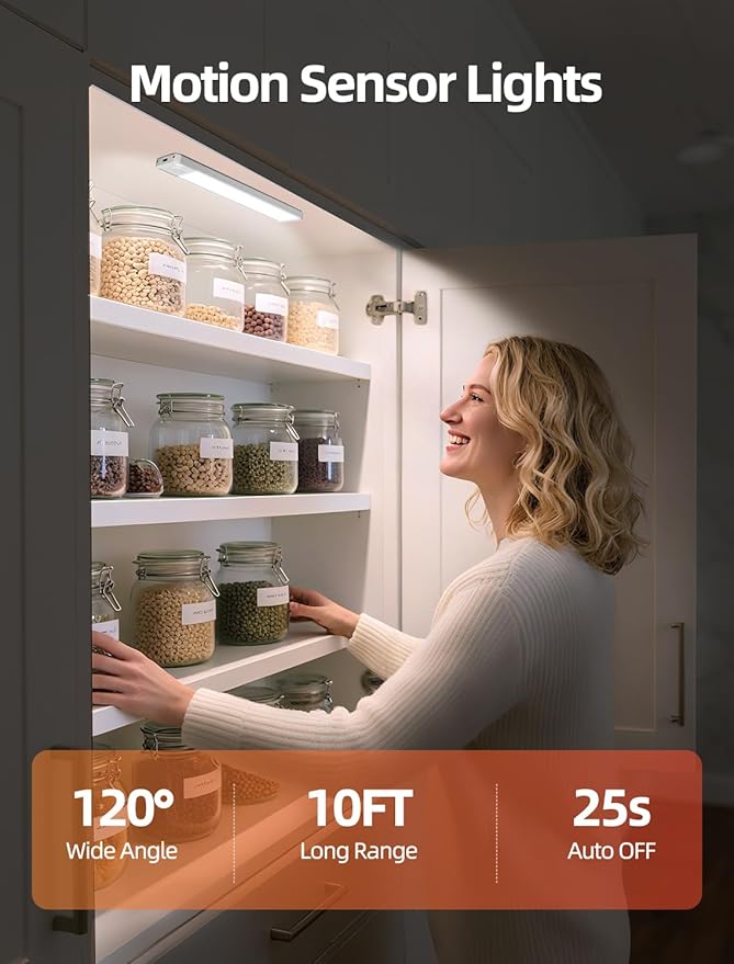 Under Cabinet Motion Sensor Lighting: 12 Inch Dimmable Rechargeable Lights Indoor - Battery Operated Lights - Undercabinet Closet Light Magnetic Led Light for Kitchen Home Bathroom Counter 5 Pack