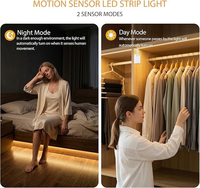 OMIKA COB Motion Sensor LED Strip Light, 6.56ft 640LEDs 2700K Warm White Closet Lights, Rechargeable Stair Strip Lights for Bed, Pantry, Shelves, Cabinet, Locker,2 Pack