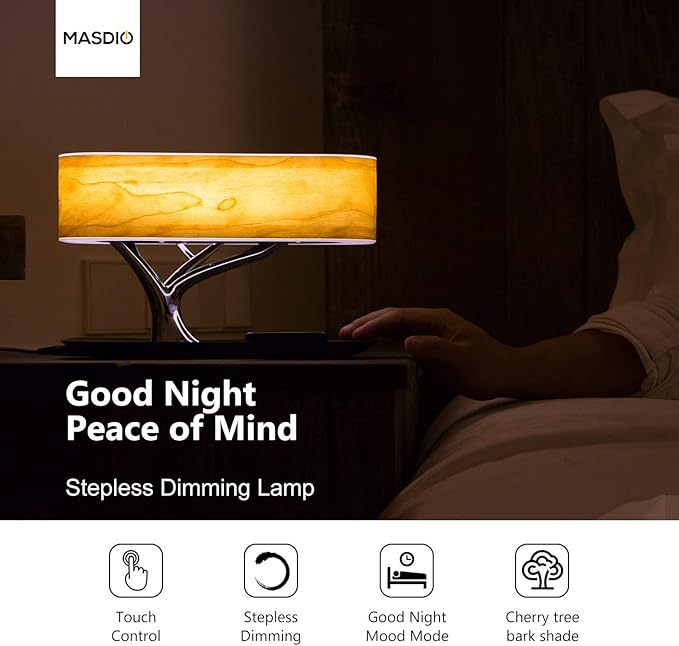 AMPULLA Masdio by Ampulla Bedside Lamp with Bluetooth Speaker and Wireless Charger, Table Lamp Desk Lamp with Sleep Mode Stepless Dimming