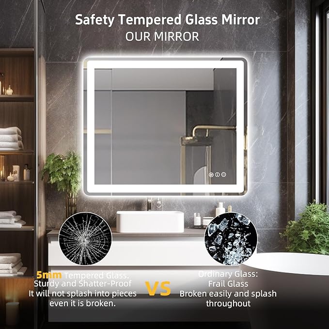 LED Bathroom Mirror 48"x 30" with Front and Backlight, Anti-Fog, Lighted Bathroom Vanity Mirror for Wall, Dimmable, Shatter-Proof, Rounded Rectangle Mirror Tempered Glass(Horizontal/Vertical)