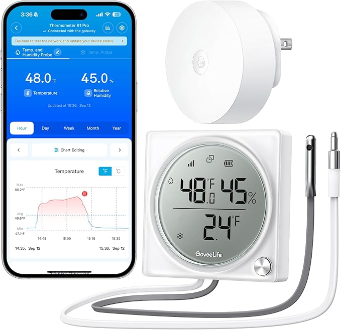 GoveeLife Upgraded Smart WiFi Refrigerator Thermometer Digital with Freezer Alarm, Wireless Magnetic Fridge Thermometer with Notification, LCD Display, Free Data Export for Fridge, Kitchen, Farming
