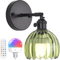 Vintage Battery Operated Wall Sconce with Green Tulip Glass Lampshade Rechargeable Battery Powered Black Wall Light with Remote Control for Bedside Bedroom Doorway