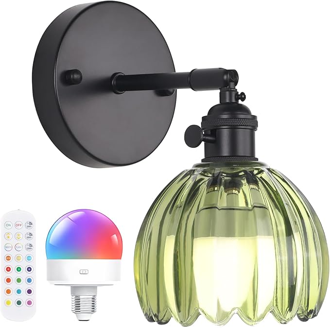 Vintage Battery Operated Wall Sconce with Green Tulip Glass Lampshade Rechargeable Battery Powered Black Wall Light with Remote Control for Bedside Bedroom Doorway