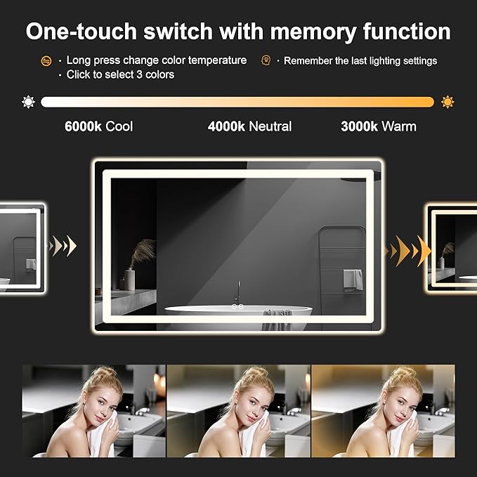 LED Bathroom Vanity Mirror with Light, 30"x55" Led Bathroom Vanity Mirror with Light for Wall, Anti-Fog, Dimmable 3 Colors, Memory Function, Backlit and Front Lit, Plug-in/Hardwired