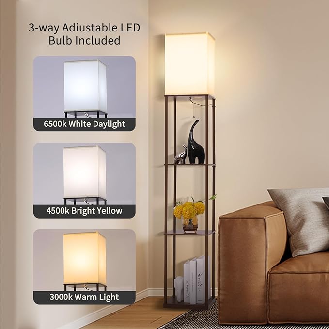 Floor Lamp with Shelves, Modern Square Standing Lamp with 3 Color Temperature Bulb, Corner Display Bookshelf Lamp for Living Room, Bedroom and Office (Brown-9)