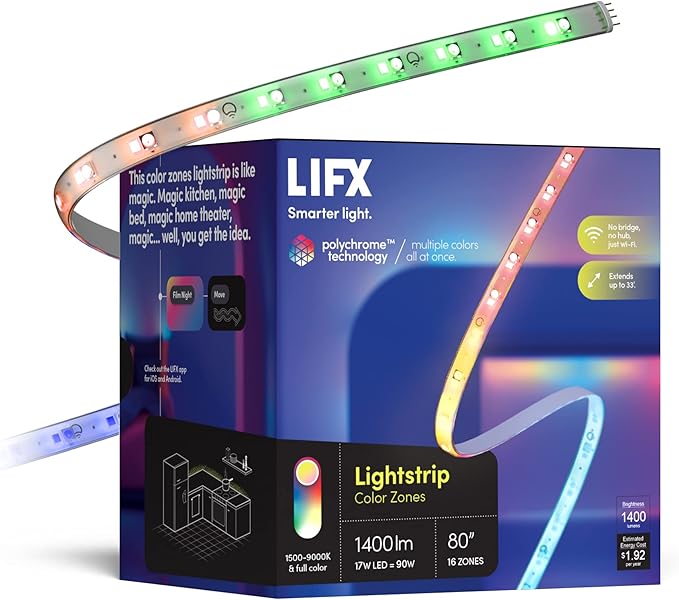 LIFX Smart WiFi Light Strip 6.6ft (Polychrome Multicolor, 8 Addressable Zones) Cuttable & Extendable Up to 32.8ft, Works with Alexa, Google Home & Siri, LED Strip Kit with Controller & Power Supply