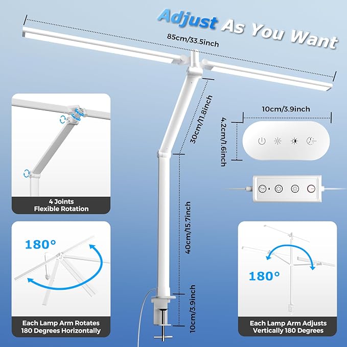 LED Desk Lamp, Double Swing Arm Wide Lighting Area Desk Lamps for Home Office with Stepless Dimming, Eye-Caring Architect Desk Light with Clamp for Reading, Study, Workbench, Drafting(White)