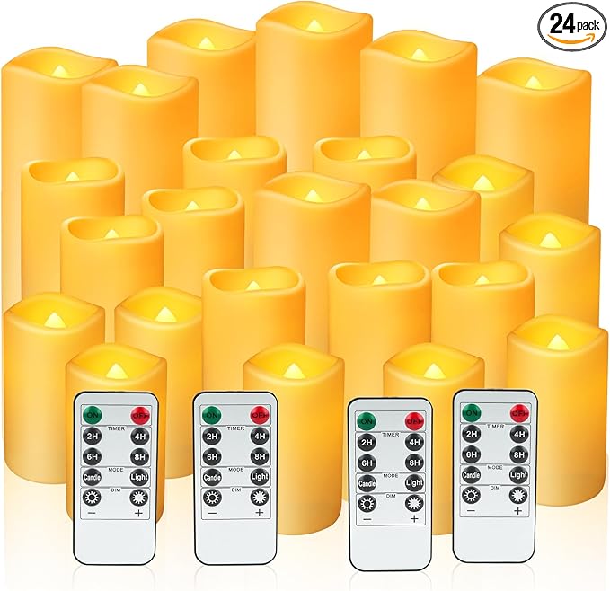 24pcs Flameless Candles with Remote Timer,Waterproof Outdoor LED Candles with Battery Operated(D 2.2” x H 4”/5”/6”),Warm Flickering Glow for Cozy & Romantic Home Décor/Wedding/Halloween/Festiv
