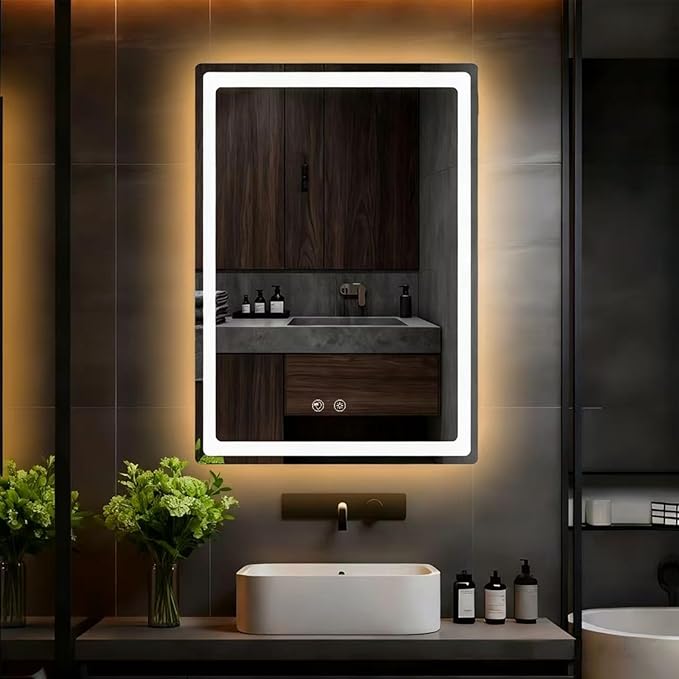 LTFUUAI 24"X32" LED Bathroom Mirror with Lights, Smart Touch 3-Color Dimming Lighted Vanity Mirror Wall Mounted, Anti-Fog Shatterproof with Front & Back Light, for Bathroom Vanity