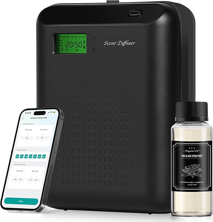 Scent Air Machine Starter Kit – Waterless Diffuser for Home & Commercial Use, Hotel Scent Diffuser Includes 100ml Essential Oil, WiFi/Bluetooth Control, 2000 sq.ft Coverage, Wall-Mount & Desktop