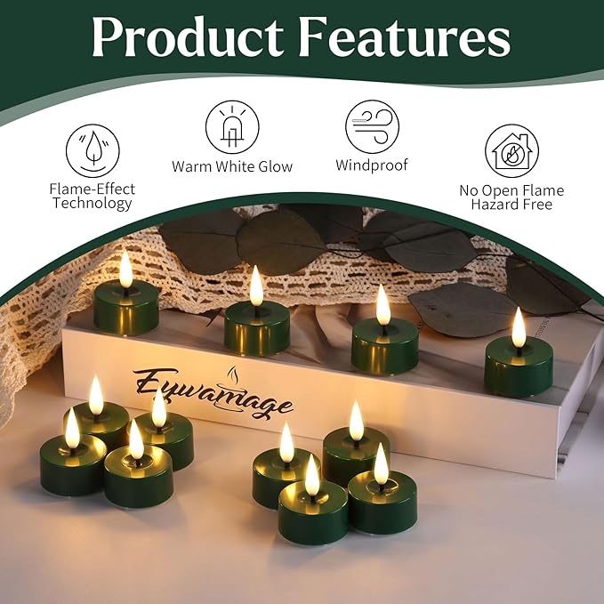 Eywamage Green LED Tealights with Remote Batteries, Flickering Flameless Tea Lights Votive Candles Set of 12
