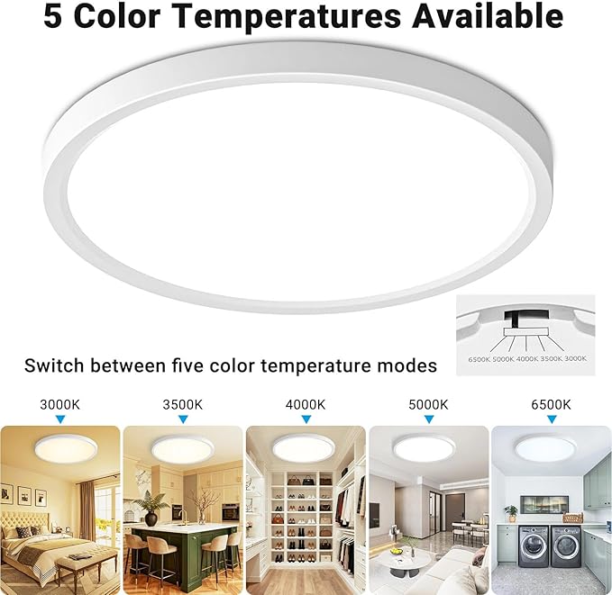 LED Flush Mount Ceiling Light,15Inch 30W,3000K/3500K/4000K/5000K/6500K 5 Color Temperatures Ceiling Light Fixture for Kitchen Porch Hallway Bedroom Bathroom and Closet,White