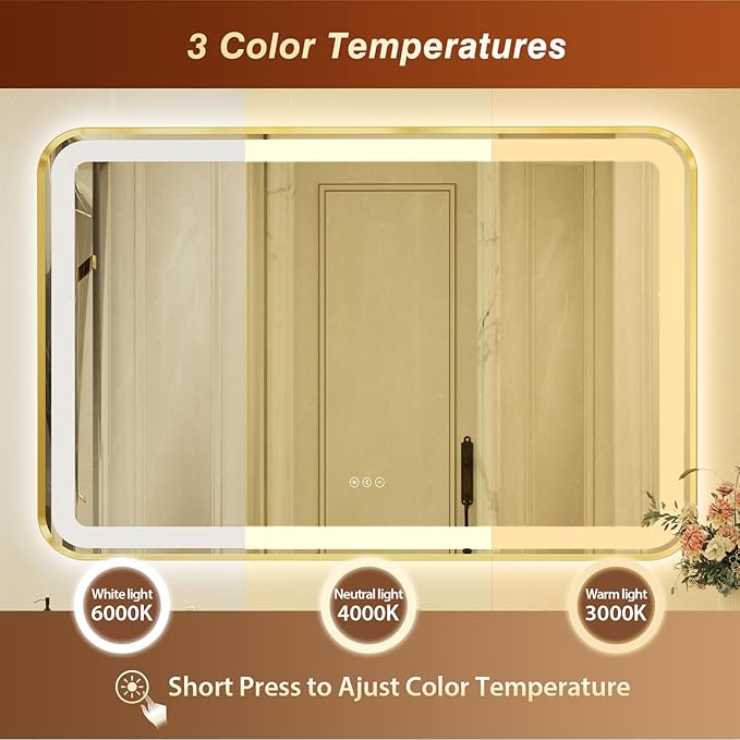 32x55 Inch Gold Framed LED Bathroom Mirror with Lights, Built-in Bluetooth Speaker,Tempered Glass,Dimmable Lighted Bathroom Vanity Mirror with 3 Colors, Backlit + Frontlit, Memory, Anti-Fog