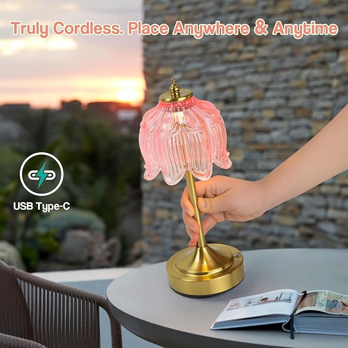 Cordless Lotus Flower Table Lamp, 5200mAh Rechargeable Battery Operated Portable Lamp, 3-Color Dimmable Touch Control Small Desk Lamp for Bedroom, Office, Kitchen, Nightstand,Room Decor (Flower Pink)
