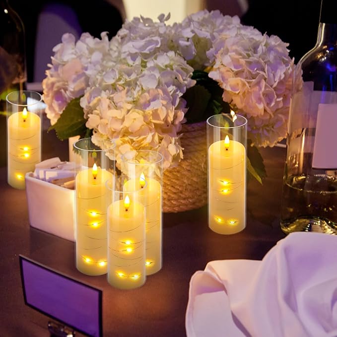 24 Pcs LED Flameless Candles with Remote, 3D Flickering Flame & LED String Lights, Acrylic Clear Cylinder, Timer Function, Romantic Ambience for Home Decor, Party, Wedding.