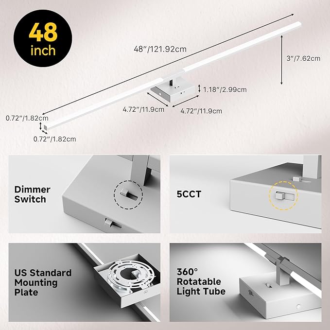 Vanity Lights 48 inch, 4-Level Brightness Built-in Dimmer, 28W Dimmable 5CCT Bathroom Light Fixtures Over Mirror, Baked Matte Grey Vanity Lights for Bathroom Mirror Cabinets Bedroom-FCC ETL