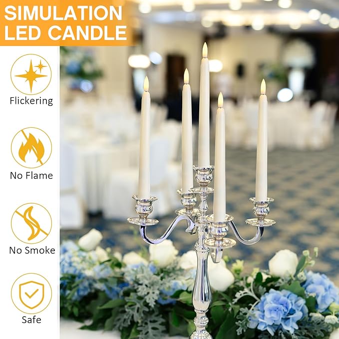 Baquler 6 Pcs Flameless Ivory Taper Candles Bulk Flickering LED Candles Taper Warm White Light LED Candlesticks for Christmas Wedding Home Decoration No Remote Control, 9.6 Inch