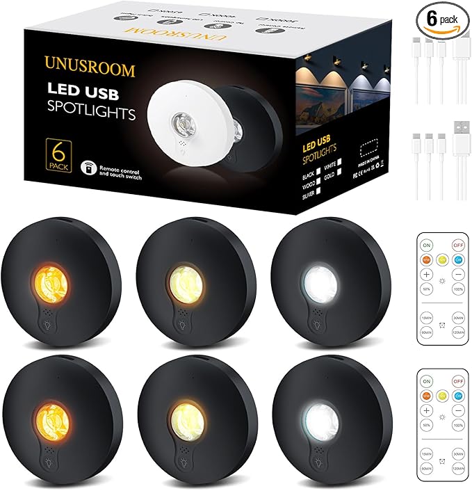Rechargeable Puck Lights,LED Under Cabinet Lighting,2000mAh Battery Operated Tap Stick on Lights,Touch&Remote Controls Dimmable Wireless Closet Light for Kitchen (Black-3color, 6)